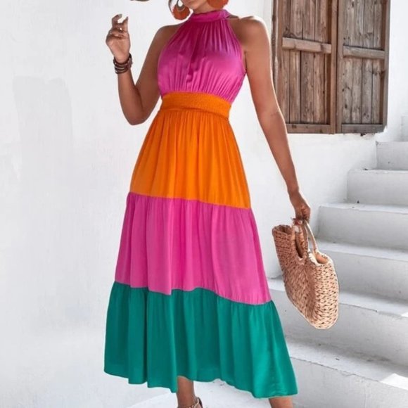 Boho Multi Color Shirred Halter Ruffle Hem Maxi Dress - Picture 1 of 6